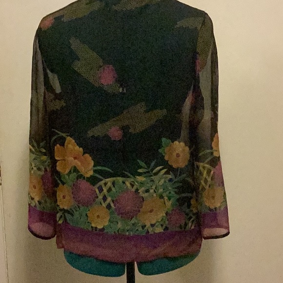 Womens Semi Sheer Silk Blouse Black Floral w/clear beads Unbranded - Picture 6 of 10
